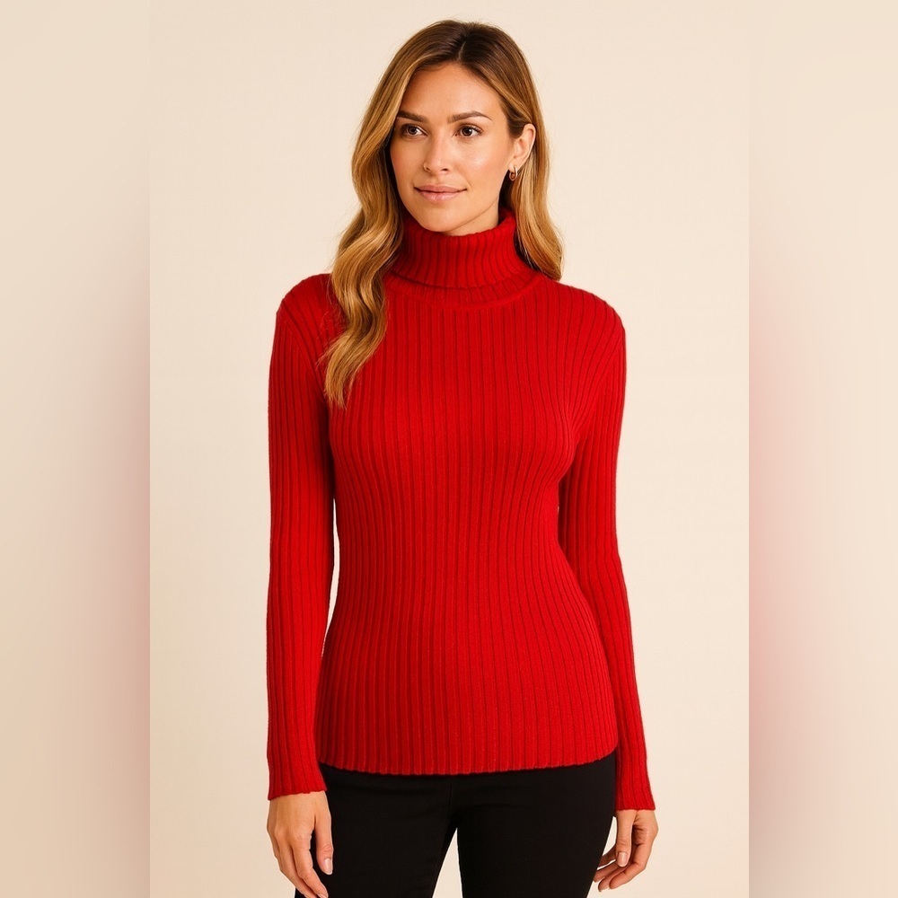 Red Turtleneck Sweater Holiday Sparkle Vibrant Red Ribbed Stretch Size 18